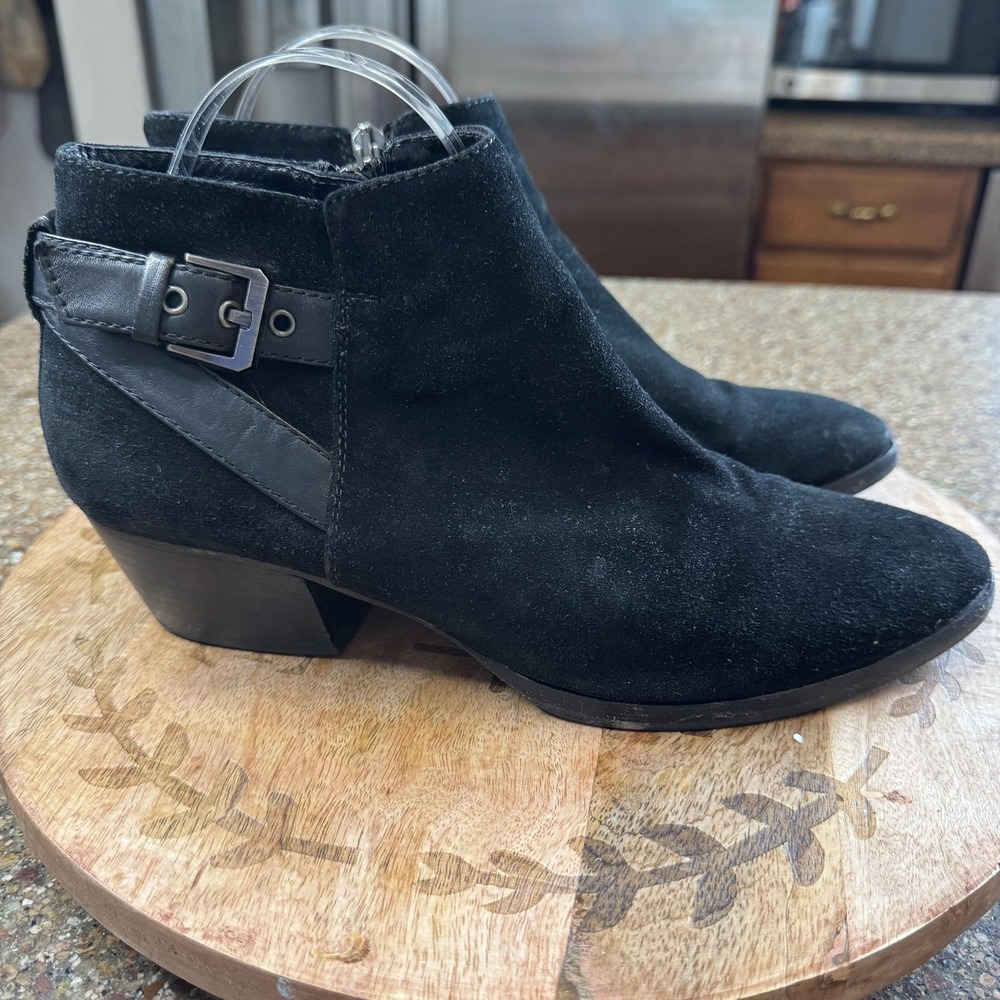 Aquatalia Boots Womens Size 10 Black Suede Ankle Booties Buckle Block Heel Italy